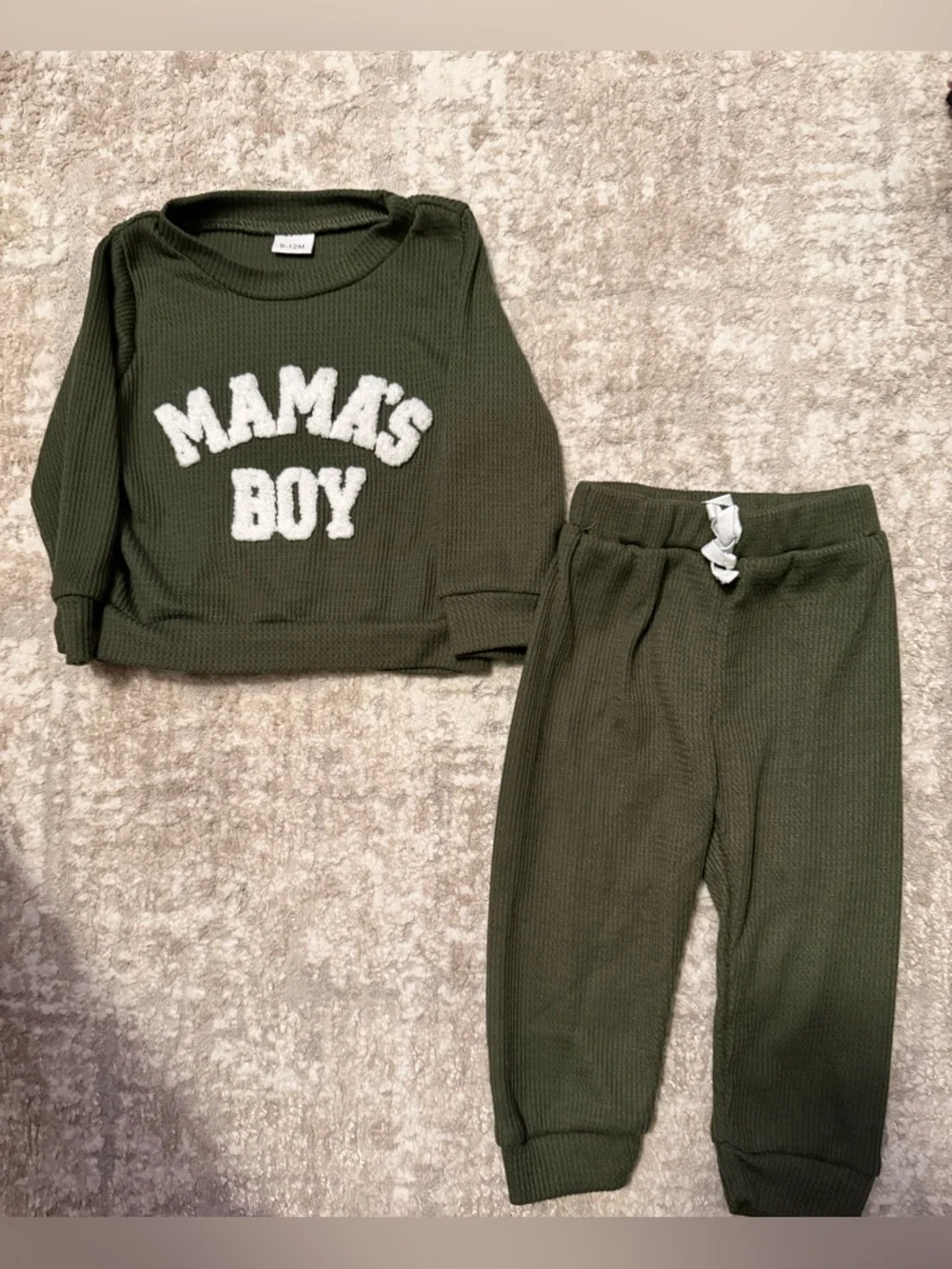 Kids Olive 'Mama's Boy' Matching Set - Cozy Thermal Top & Joggers size 9/12M